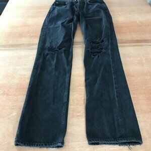 Agolde Lana Straight Jeans Women 25 Black Mid Rise Distressed Button Fly